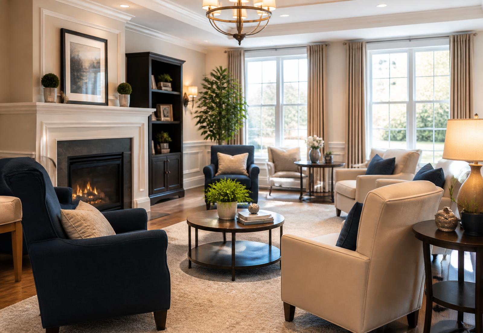 Warm, professionally furnished adult care home living room